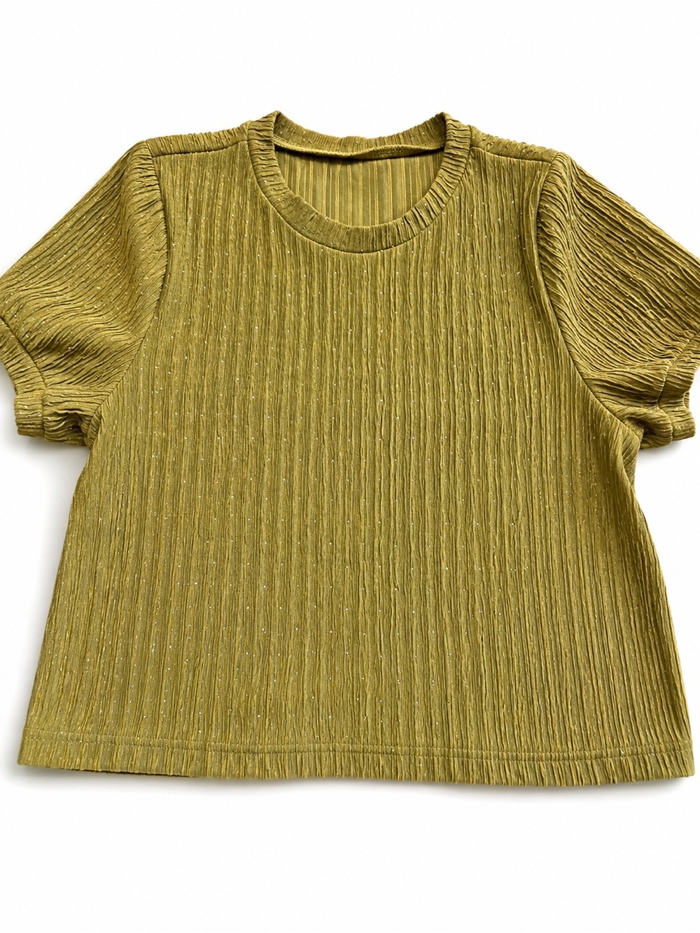 Olive Green Sparkle Pleated Short Sleeve Blouse